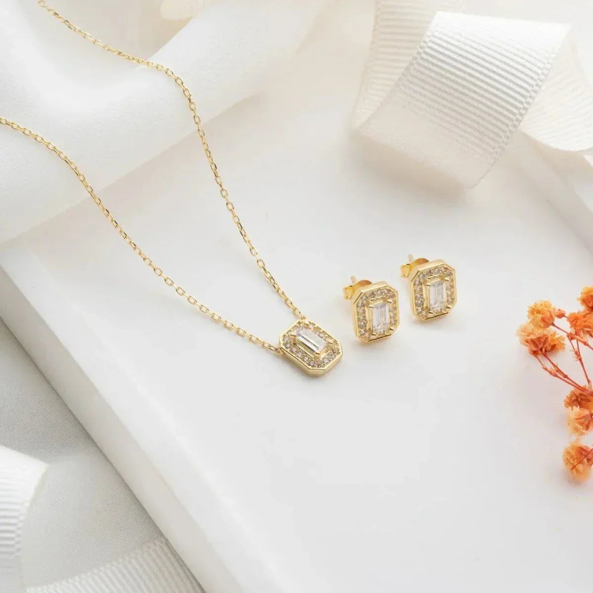 BAGUETTE ZIRKON STEIN HALSKETTE OHRRING SET | 925 SILBER