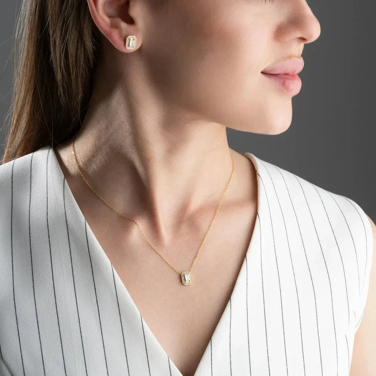 BAGUETTE ZIRKON STEIN HALSKETTE OHRRING SET | 925 SILBER