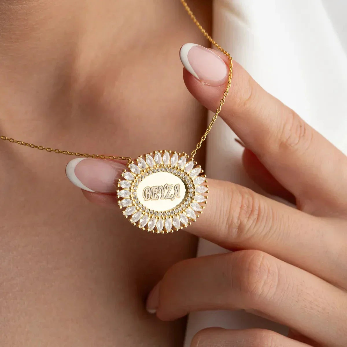 OVAL BAGUETTE STEIN GRAVUR HALSKETTE | 925 SILBER