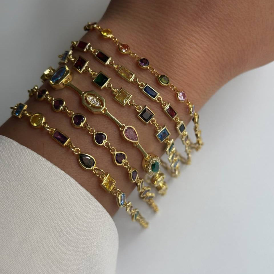QUADRATISCHES BAGUETTE STEIN BUNTES ARMBAND | 925 SILBER