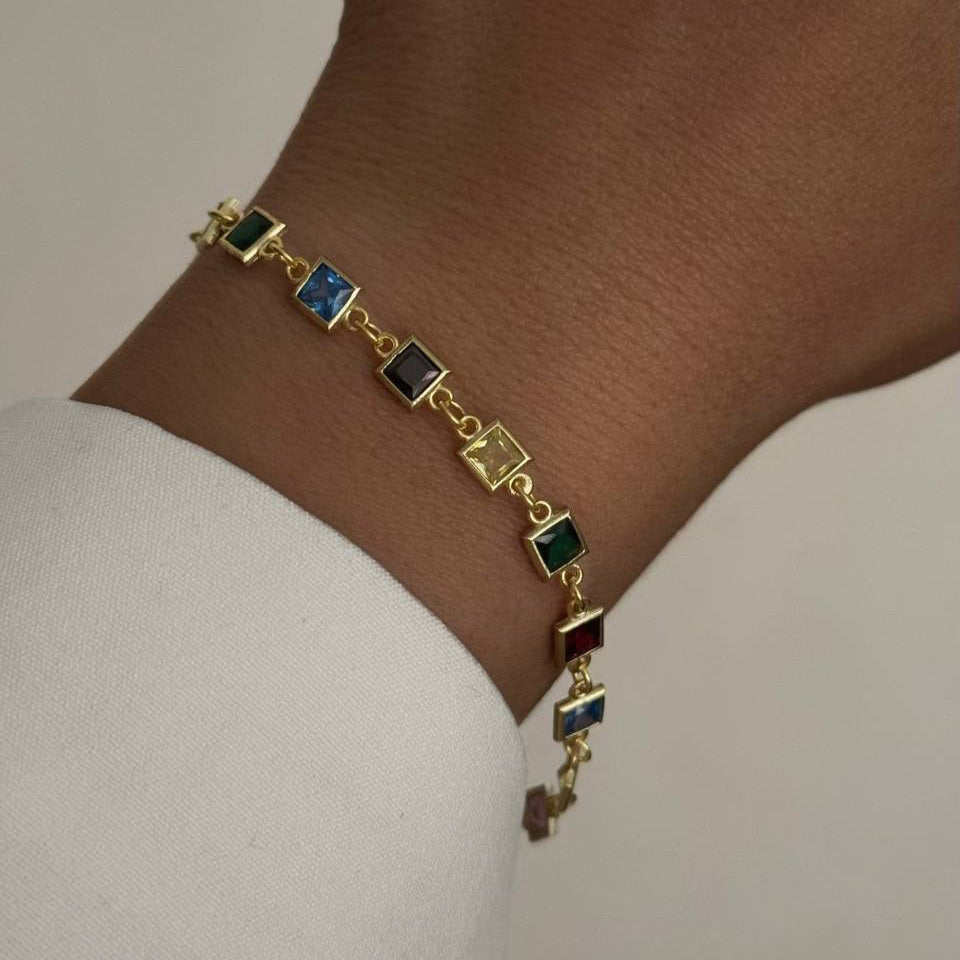 QUADRATISCHER STEIN BUNTES ARMBAND | 925 SILBER