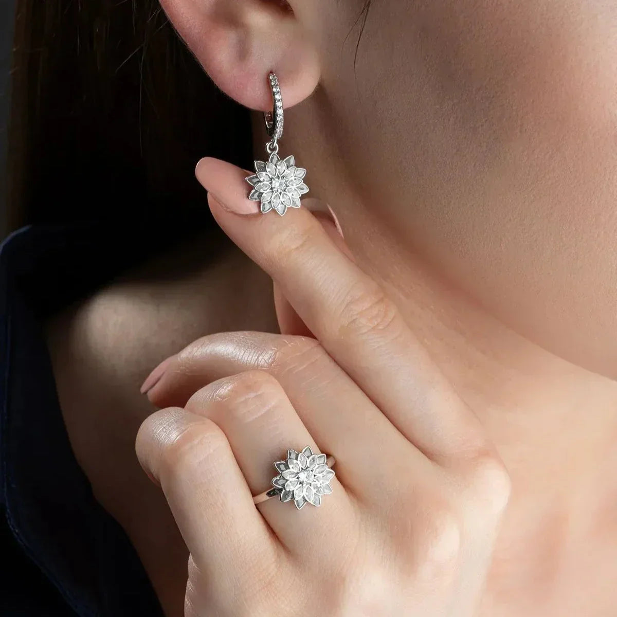 LOTUSBLUME RING OHRRING SET | 925 SILBER